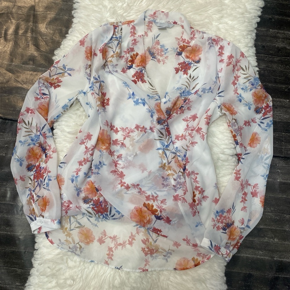 H&M SHEER FLORAL BLOUSE TOP WHITE LONG SLEEVE OFFICE CASUAL BOHO SPRING